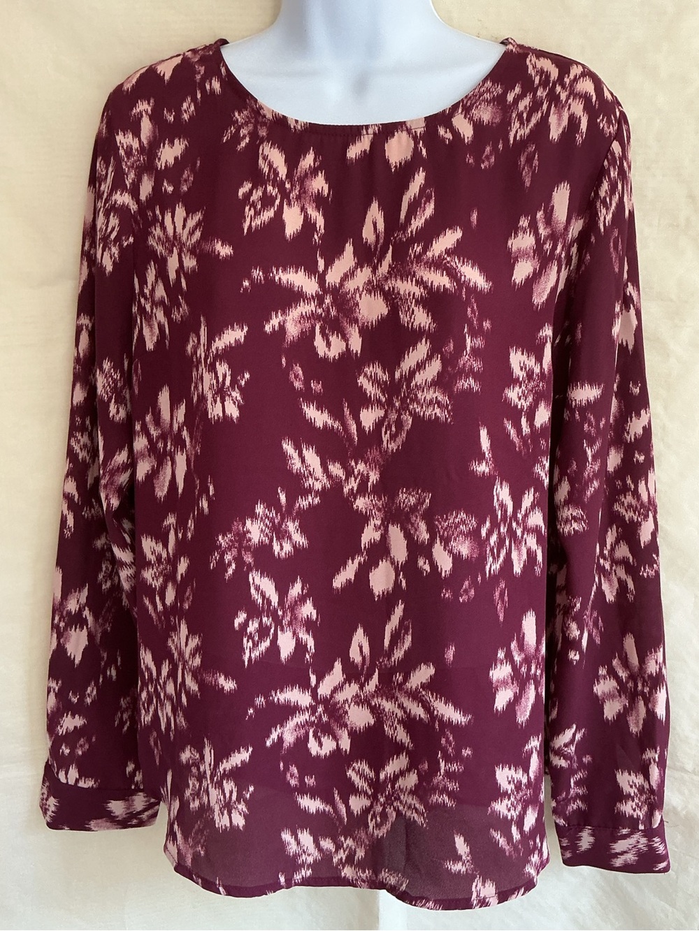 Maurices Maroon and Beige Floral Long-Sleeve Blouse